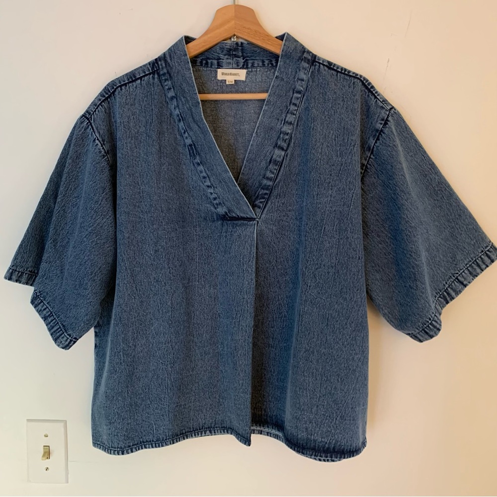 World Market Blue Denim V-Neck Boxy Top